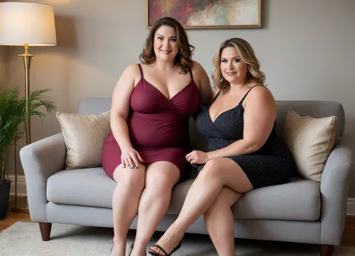 In this inviting and warm image, two ssbbw mature women are seated on a plush, light grey ottoman or bench that serves as a focal point in a tastefully decorated living room. Both women are facing forward, engaging the viewer directly with a friendly and seductive gaze.
The bbw woman on the left has long, wavy dark brown hair that cascades over her shoulders. She is wearing a tight, deep maroon slip dress that accentuates her figure, with a high slit revealing part of her leg. Her left arm is resting comfortably on her lap, while her right arm is slightly bent at her side. She has a confident smile, and her eyes convey a sense of playful allure. Her makeup is natural, highlighting her features.
The bbw mature woman on the right has lighter, dark-blonde hair with highlights that also flows past her shoulders. She is adorned in a tight black slip dress with thin straps. Her pose mirrors her companion's, with her hands resting gently on her lap. She offers a more subtle, yet equally captivating, smile and direct eye contact.
Both women share similar facial features, suggesting a familial resemblance or a close friendship. Their expressions are open and inviting, contributing to the overall sexy and welcoming mood of the scene. They in their mid-50s, 55 years old, exuding maturity and confidence. Both women have their legs open showing their panties.
The background of the image features a contemporary living room with a sophisticated ambiance. Behind the women, a comfortable-looking grey sofa is visible. On either side of the sofa, two identical table lamps with warm, glowing shades cast a soft, ambient light, illuminating the space. Above the sofa, a large piece of abstract art with neutral tones and geometric shapes hangs on the wall, adding a touch of modern elegance. The lighting is soft and flattering, creating a well-lit and intimate setting that enhances the inviting atmosphere. The overall mood is one of subtle sensuality and comfort.