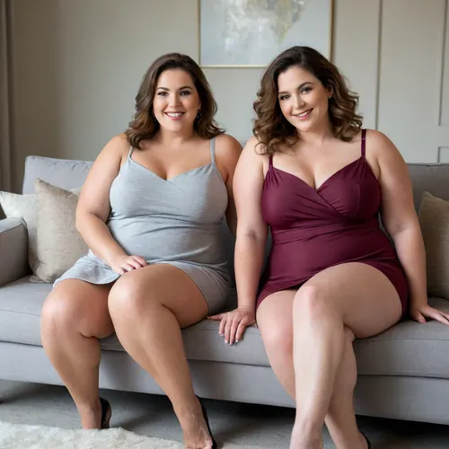 In this inviting and warm image, two ssbbw mature women are seated on a plush, light grey ottoman or bench that serves as a focal point in a tastefully decorated living room. Both women are facing forward, engaging the viewer directly with a friendly and seductive gaze.
The bbw woman on the left has long, wavy dark brown hair that cascades over her shoulders. She is wearing a tight, deep maroon slip dress that accentuates her figure, with a high slit revealing part of her leg. Her left arm is resting comfortably on her lap, while her right arm is slightly bent at her side. She has a confident smile, and her eyes convey a sense of playful allure. Her makeup is natural, highlighting her features.
The bbw mature woman on the right has lighter, dark-blonde hair with highlights that also flows past her shoulders. She is adorned in a tight black slip dress with thin straps. Her pose mirrors her companion's, with her hands resting gently on her lap. She offers a more subtle, yet equally captivating, smile and direct eye contact.
Both women share similar facial features, suggesting a familial resemblance or a close friendship. Their expressions are open and inviting, contributing to the overall sexy and welcoming mood of the scene. They in their mid-50s, 55 years old, exuding maturity and confidence. Both women have their legs open showing their panties.
The background of the image features a contemporary living room with a sophisticated ambiance. Behind the women, a comfortable-looking grey sofa is visible. On either side of the sofa, two identical table lamps with warm, glowing shades cast a soft, ambient light, illuminating the space. Above the sofa, a large piece of abstract art with neutral tones and geometric shapes hangs on the wall, adding a touch of modern elegance. The lighting is soft and flattering, creating a well-lit and intimate setting that enhances the inviting atmosphere. The overall mood is one of subtle sensuality and comfort.