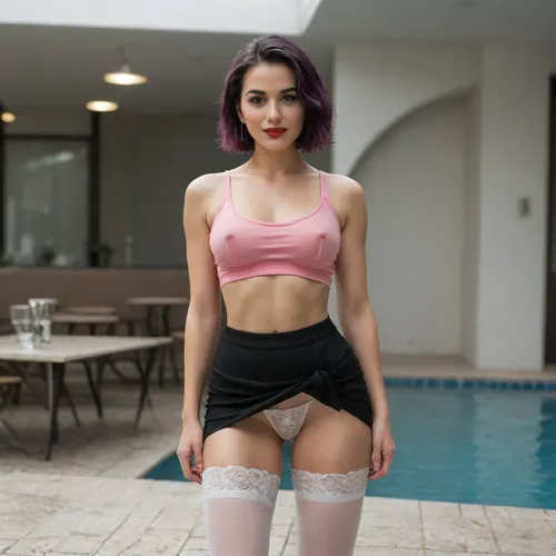 in a pool cafe, a woman standing with long black hair with purple highlights, bob cut, with a sexy neon pink tank top without a bra, short black refined skirt with white fishnet stockings, with transparent white lace panties, very dirty panties filled with blood, intense red lipstick, sinister smile, standing with open legs, very thin and muscular stomach, panties with a lot of blood jets, expression of pleasure