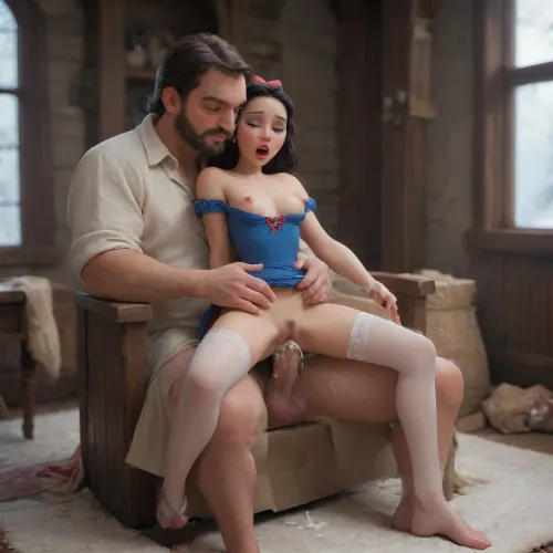 rustic wooden cottage, 1couple, hetero, (Snow White from Disney:1.5), pretty face, torso, long legs, long white silk stockings, snow white dress, lace-up bodice, (dress unlaced, breasts out:1.3), (small very pointy breasts, erect nipples:1.3), lace choker, hair bow, ankle bracelets, large bedroom, (bouncing up and down on cock), bounce lines, sound effects, sex sounds, dripping wet pussy, (moaning noises:1.3), wet with sweat, size difference, 1man, large man, large cock, (cum overflow:1.4), (woodsman from snow white), hairy, beard, sitting on rough wooden chair, grabbing waist, <lora:add-detail-xl:.8>, <lora:princess_xl_v2:.8>, <lora:Samaritan 3d Cartoon SDXL:.8>