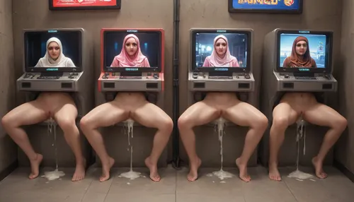 score_9, score_8_up, score_7_up, score_6_up, (lineup of sluts stuck in round opening in machines with metal rim:1.3), (spread legs restrained with thick metal rim:1.1), oiled skin, ripped white clothes, after sex, trembling, {{steamy pussy}}, cum in pussy, cum inside, cum leaking out of pussy, cum on ass, excessive cum, pussy juice dripping down to the floor, (big photo of her face on the screen of the machine:1.5), {{trembling}}, rolled up her skirt, glory wall, leaking cum, steamy pussy, (object), public display public, (use pussy stuck hole in arcade machine), (arcade machines lined up), (arcade gaming hall), wall writing, concrete wall, Muslim girl, pink hijab, (evenly spaced out lineup of free-standing metal boxes), (evenly spaced out stand-alone full-height metal boxes), (vintage vending machines)