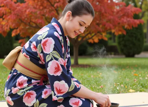 A close-up shot of a tea ceremony master in an autumn garden, focusing on her face and hands as she prepares matcha tea. She is dressed in a traditional floral kimono, kneeling on a tatami mat. The background shows the vibrant autumn foliage of the garden with red and orange maple trees. The evening sunlight light is soft and diffused, highlighting the intricate details of her hands and the serene expression on her face. The steam rising from the tea is visible. The style is highly detailed and realistic, emphasizing the delicate textures of the kimono and the peaceful atmosphere