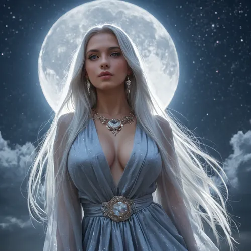 Selûne, goddess of the moon from Forgotten Realms, radiant and ethereal divine figure, tall and graceful with a celestial aura. Pale glowing skin with a soft silver-blue shimmer, long flowing silver-white hair that glitters like starlight, luminous silver eyes filled with compassion and mystery, large bimbo breasts. Wearing flowing robes of midnight blue and silver embroidered with constellations, adorned with moon and star jewelry. A glowing silver crescent moon floating above her head, surrounded by a halo of shimmering starlight. Standing in a night sky temple with silver clouds, stars, and twin moons illuminating her divine form. Highly detailed, ultra-realistic fantasy art, cinematic divine atmosphere, majestic and otherworldly.