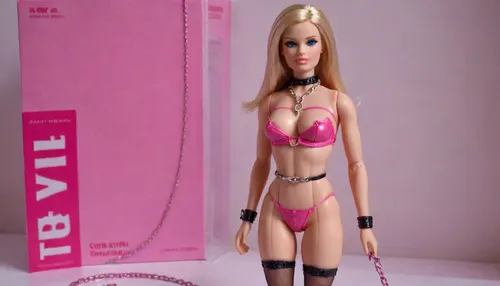 Barbie doll of a bdsm model, unopened packaging, blond hair, middle length hair, bare breasts, included accessories, pink dominatrix outfit, gags, whips, chains, collars, <lora:bdsm_SDXL_1_:.5>, <lora:gonza_v2:.5>