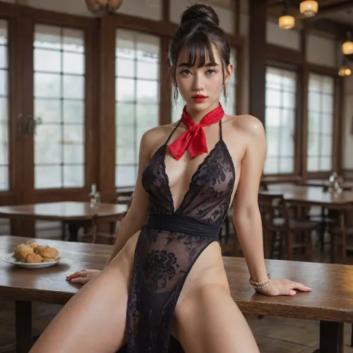 pretty Anorexic Chinese woman with pretty medium breasts, in a cafe, chi-chi, black, hair, bun, bangs, sidelocks, eyes, chinese, clothes, purple, transparent dress, earrings, red, bracelets, orange, neckerchief, <lora:Chi_Chi_Diffusion_SD_XL-05:.8>, open legs, no underwear, red lipstick, no bra