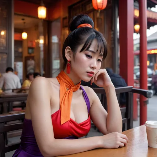 pretty Anorexic Chinese woman with huge MASSIVE breasts, asleep in a street cafe, chi-chi, black, hair, bun, bangs, sidelocks, eyes, chinese, clothes, purple, dress, earrings, red, bracelets, orange, neckerchief, <lora:Chi_Chi_Diffusion_SD_XL-05:.8>