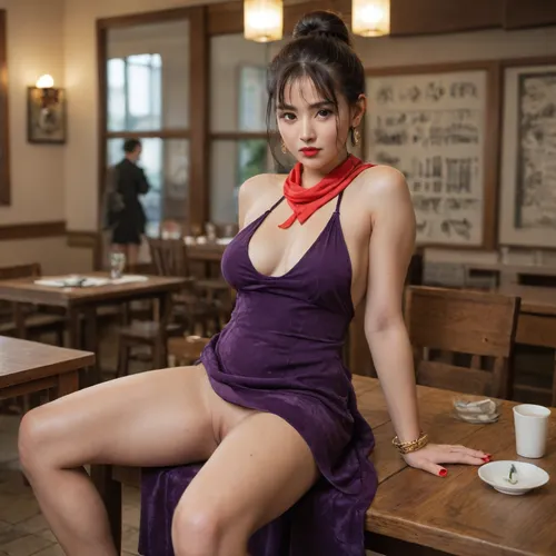 pretty Anorexic Chinese woman with pretty medium breasts, in a cafe, chi-chi, black, hair, bun, bangs, sidelocks, eyes, chinese, clothes, purple, ghost dress, earrings, red, bracelets, orange, neckerchief, <lora:Chi_Chi_Diffusion_SD_XL-05:.8>, open legs, no underwear, red lipstick, no bra, sextowels, <lora:sextowels_XL_reg0_:.8>