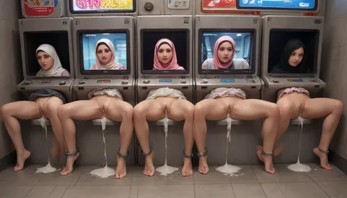 score_9, score_8_up, score_7_up, score_6_up, (lineup of sluts stuck in round opening in machines with metal rim:1.3), (spread legs restrained with thick metal rim:1.1), oiled skin, ripped white clothes, after sex, trembling, {{steamy pussy}}, cum in pussy, cum inside, cum leaking out of pussy, cum on ass, excessive cum, pussy juice dripping down to the floor, (big photo of her face on the screen of the machine:1.5), {{trembling}}, rolled up her skirt, glory wall, leaking cum, steamy pussy, (object), public display public, (use pussy stuck hole in arcade machine), (arcade machines lined up), (arcade gaming hall), wall writing, concrete wall, Muslim girl, pink hijab, (evenly spaced out lineup of free-standing metal boxes), (evenly spaced out stand-alone full-height metal boxes), (vintage vending machines)