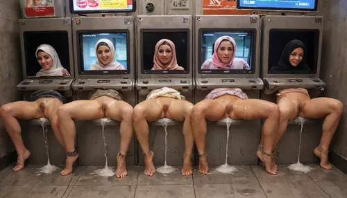 (cum dripping from pussy), realistic cum, transparent liquid, (beautiful hijab woman on screen:1.2), extreme amounts of cum flowing from pussy, gaping pussy, (creampie:1.2), (wet skin:1.2), (oily skin:1.2), squirting, highly detailed faces of Muslim women wearing hijab depicted on screens