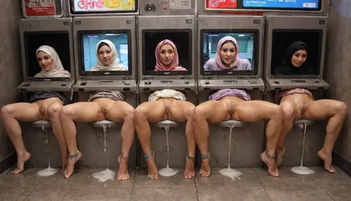 (cum dripping from pussy), realistic cum, transparent liquid, (beautiful hijab woman on screen:1.2), extreme amounts of cum flowing from pussy, gaping pussy, (creampie:1.2), (wet skin:1.2), (oily skin:1.2), squirting, highly detailed faces of Muslim women wearing hijab depicted on screens