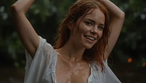full body view of a young woman in the focused foreground, 22 years old, joyful dancing in hard rain, fully happiness in dancing. messy wet fiery red hair, Her wet face reflects passion, lust, and desire. erotic seductive dance, wet arms up, green eyes, she moans softly, intoxicated by so much sexual stimulation., (waterlogged white shirt with wide neckline:1.3), (hard long erected nipple:1.5), detailed nipple, (nude nipple:1), Photorealistic skin, freckles, wet skin, ecstasy, joy, and lust, (shallow depth of field:1.7), photorealistic., FRESHIDEAS, Real, Photography, 2#, hvrn, heavy, rain, <lora:FRESHIDEAS Real Photography 2#:.8>, <lora:MJ52:.8>, <lora:607315_training_data:.8>
