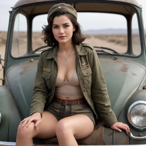 Julia Gorges, high-resolution, photorealistic image, (girlfriend), (full-body), (brunette woman), (black hair), (jacket unzipped), (1950s fashion), battlefield, (muted tones), vintage military VW Beetle in the background, (soft, natural lighting), (nostalgic atmosphere), (vintage 1950s look), (subdued colors), (1950s camera), (authentic details), perfect breasts, G cup breasts, perfect areolas, very thin, thin arms, piercing in nipples, military jacket unbuttoned, army officer's cap, very hairy vagina, strongly hairy pube, desert country scenery, revolver in her holster, full body, view from back, bottomless, necklace, light smile, she is sitting on the motor hood of a german Küblewagen