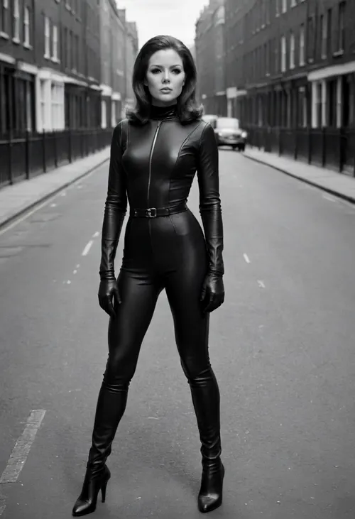 Emma Peel from The Avengers TV show, black skintight catsuit, gloves, zippers, walking through a 1960s London street, b&w grainy photo, perfecteyes, perfect, eyes, skin, detailed, full body view, Emma01, <lora:lora-sdxl-perfect-eyes:.5>, <lora:polyhedron_all_sdxl-000004:.8>, <lora:Emma01-2-XL:1>