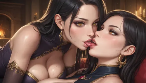 (1womens:1), best women, beatuiful slim, long hair, black hair, beautiful gold eyes, very huge breasts, big ass, witch clothes, high quality, lust and falling in love, Close-up breasts inward view, in living room, tits is outside clothes, passion kiss
