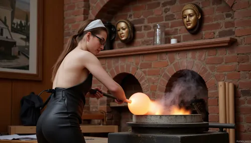 Masterpiece, high detail, highest quality, 8K resolution, modern Venetian workshop, (Venice engravings and Venetian carnival masks hang on the wall), (Italian woman glassblower, hair pulled back with a bandage, eyes protected with work glasses, leather apron over bare body, ((close-up image of the process of pulling hot Murano glass from a furnace through a blowing tube, a carnival mask is blown from a ball of hot glass)), in the background you can see a modern furnace with two boilers, on the wall hanging, (carnival Vignecian masks, the atmosphere of working dynamics, soft, realistic lighting.))