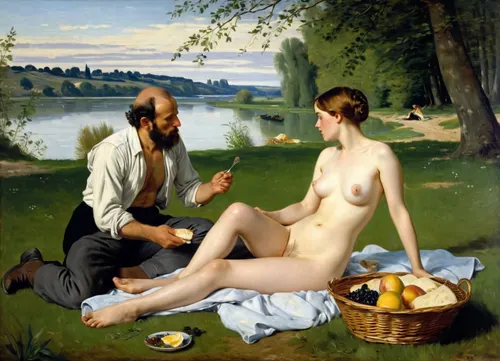 masterpiece, full color image, 8K quality, "Breakfast on the grass"— a painting by the French artist Edouard Manet, painted in 1863. two fully clothed men with a naked beautiful woman and a bathing girl in the background in nature, a naked woman shamelessly looks directly at the viewer, the style of the painting breaks with the academic traditions of the time. The harsh "photographic" light eliminates semitones, and the men are dressed like dandies. They're so engrossed in the conversation that they don't seem to notice the women at all. In front of them lies discarded women's clothes, a fruit basket and round bread. In the background, a second woman in light clothes washes in the river. The painting puzzles with the "wrong" perspective, an excessively large female figure in the background in an autonomously illuminated, unreal space. The background of the painting lacks depth, giving the impression that the whole scene is not taking place in nature, but in a studio. This impression is enhanced by the light, which gives almost no shadows. The painting is made with oil paints
