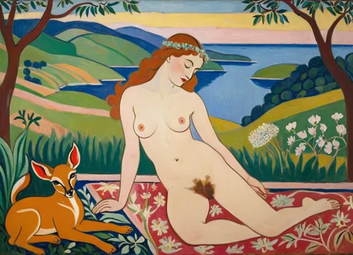 masterpiece, full color image, 8K quality, "Nymph and Satyr" by Henri Matisse, created in 1909.A fawn catching a nymph by surprise, the painting depicts naked bodies against a landscape background. The yellow-green plane of the earth in the foreground flows into the soft shapes of the hills in the background, their contours outlined by dark green lines. The aquamarine line of the reservoir separates the plans, from where, apparently, the nymph came out, to which the satyr lustfully rushes, the reddish color of the latter's body and the pale pink flesh of the nymph contrast sharply with the colors of the surrounding landscape. Laconism and graphicity in the drawing of figures evoke images from ancient vase painting and enhance the dramatic effect inherent in the expressive poses of the characters in the painting. The painting is painted with oil paints.is enhanced by the light, which gives almost no shadows. The painting is made with oil paints