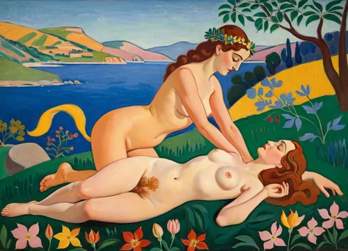 masterpiece, full color image, 8K quality, "Nymph and Satyr" by Henri Matisse, created in 1909.A fawn catching a nymph by surprise, the painting depicts naked bodies against a landscape background. The yellow-green plane of the earth in the foreground flows into the soft shapes of the hills in the background, their contours outlined by dark green lines. The aquamarine line of the reservoir separates the plans, from where, apparently, the nymph came out, to which the satyr lustfully rushes, the reddish color of the latter's body and the pale pink flesh of the nymph contrast sharply with the colors of the surrounding landscape. Laconism and graphicity in the drawing of figures evoke images from ancient vase painting and enhance the dramatic effect inherent in the expressive poses of the characters in the painting. The painting is painted with oil paints.is enhanced by the light, which gives almost no shadows. The painting is made with oil paints