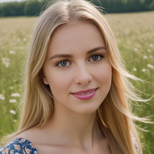 (high quality photographie), (detailed eyes), (detailed skin), (ultra sharp), one only beautiful short 20yo woman, long natural blonde hair, very straight hair, in summerdress on a sunny day on a meadow, no makeup, smiling, focus on eyes
