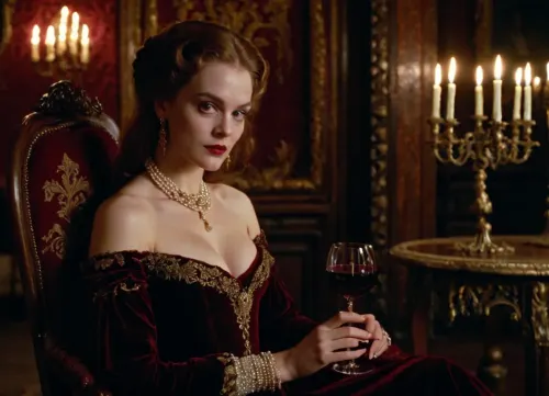 8k, masterpiece, Cinematic style of Stanley Kubrick's Barry Lyndon, dramatic candlelit lighting, medium shot portrait of a beautiful vampire girl, wearing an elaborate 18th century burgundy velvet gown with deep decollete and thigh-high slit revealing her pale graceful legs, intricate gold embroidery, pearl jewelry, pale porcelain skin, crimson lips, piercing red eyes, mysterious smirk, sitting in chair, holding a crystal glass of blood-red wine, grand Gothic castle interior with dark tapestries and antique furniture, chiaroscuro lighting, atmospheric, photorealistic, <lora:Kubrick_FLUX:.8>