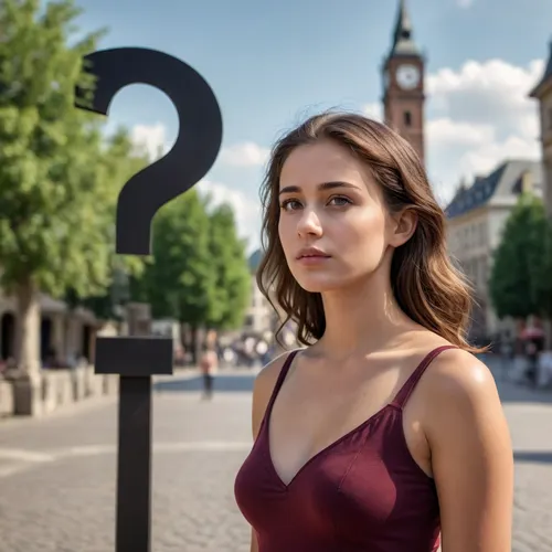 photorealism, highest quality, summer, very beautiful young woman with questioning face on a city square standing in front of upright big question mark 5 meters high