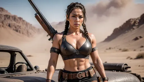 (subject, a asian female extreme bodybuilder apocalyptic warrior, clothing style Mad Max or Fallout universe as a raider outfit, hair braided, war paint, with found objects and jewelry of pre-war world description, holding a, (sawed-off double-barreled shotgun:1.5), sitting on the hood of aripped off Mad Max style car, desert scenario with remnants of civilization and a, in the background, a sandstorm swirling around, style/aesthetic, detailed manga-style illustration with dynamic shading and bold linework), large, breasts, big, boobs, huge, tits, uberfit, muscular, athletic, <lora:bombshell_v2:1.1>, <lora:uberfit_lora_sdxl:1.1>
