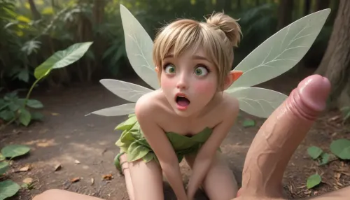 Forest, noon, (((tinkerbell), (blonde hair), (short ponytail), (fairy wings), (strapless dress made of leaf), (green flats), (not wearing any underwear), (kneeling), (blushing), (shocked face), (penis erect upwards), (small penis))), one, sexy, woman, shocked, by, huge, cock, cockshock, <lora:cockshock:1.3>, <lora:[XL]trendy_3D:1.8>