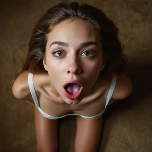 white slave begging for food, skinny scared, submissive, on all fours, looking at viewer, colorful, view from above, over 18, mouth open tongue sticking out, better hair, cute