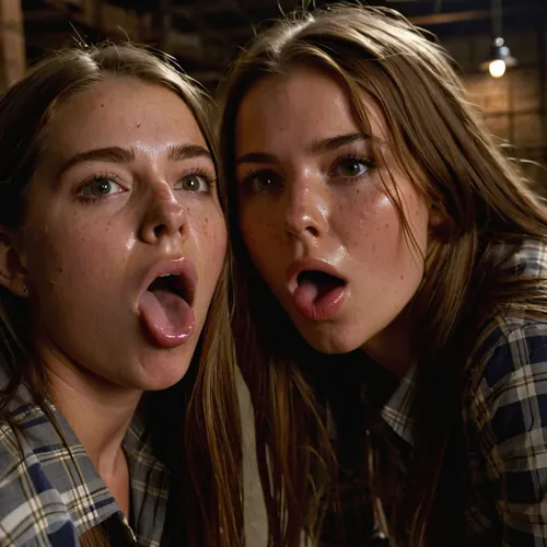 A two 25 year old girls with very long straight brown hair and dressed open large plaid shirt is surprised in the dark old warehouse by a group of mercenaries, who bukkaked mercilessly with their huge cocks bukkaked cumface, covered in semen, hands tied, cum on tongue, freckles on face, flat chest, tight ass, panties down, bukkake and cum in mouth, high details, two girls, Grey1024, <lora:Grey1024-000055:2>