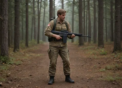 Award-winning war photograph, long shot of a soldier in camouflage uniform, (woodland digital camo:1.6), chest rig with spare magazines, combat boots. He stands before a ruined lost place, upright, half turned toward the lens, intense gaze at the camera. Right foot forward, M5 rifle held loosely in right hand, left thumb hooked behind the belt. Cinematic light shafts, sharp detail, dust particles, muted colors, timeless war photojournalism aesthetic., Movie, Still, Film, Cinematic, Shot, Lighting, <lora:add-detail-xl:.8>, <lora:JuggerCineXL2:.8>