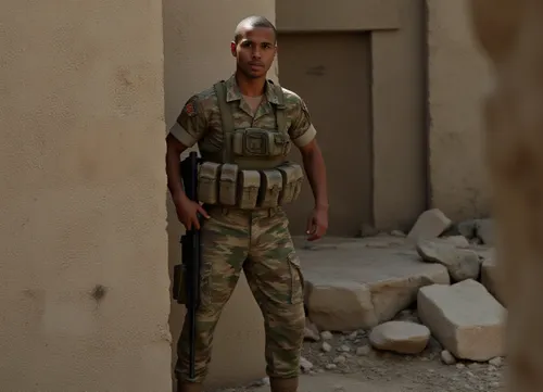 Award-winning war photograph, long shot of a soldier in camouflage uniform, (woodland digital camo:1.8), (chest rig with spare magazines:1.8), combat boots. He stands before, (a ruined lost place:1.8), upright, (half turned toward the lens:1.8), (intense gaze at the camera:1.8), (right foot forward:1.8), (M5 rifle held loosely in right hand:1.8), (left thumb hooked behind the belt:1.8), Cinematic light shafts, sharp detail, dust particles, muted colors, timeless war photojournalism aesthetic., Movie, Still, Film, Cinematic, Shot, Lighting