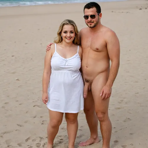 One Woman and one man, short chubby woman, woman obese, woman cute face, woman young, woman smiling, woman wearing one piece white swimsuit, woman wearing sundress, woman light blonde, man very tall, man fully naked, flaccid cock, full body view, holding hands, beach, sunny day, sunglasses