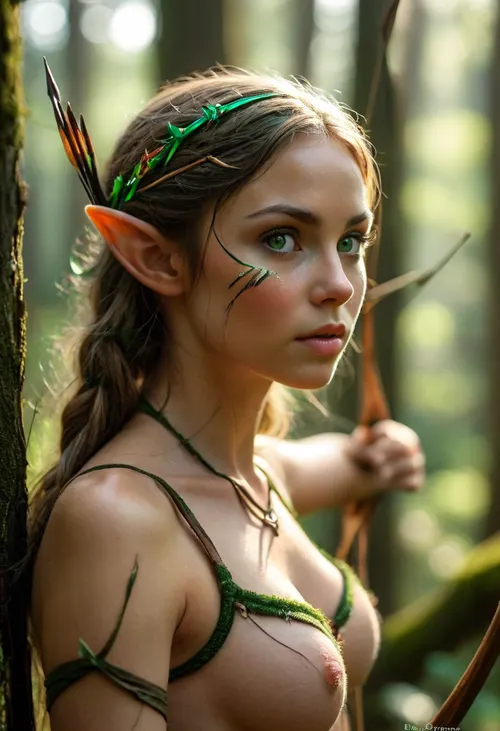 Nude elf, pointy ears, forest, bow and arrow, elf archer, <lora:MJ52:.8>, green eyes, perfecteyes, <lora:PerfectEyesXL:.8>
