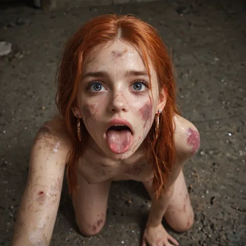 white slave, hungry, skinny, scared, ashamed, submissive, on all fours, looking at viewer, colorful, view from above, over 18, mouth open tongue sticking out, better hair, cute, full body, nude, dirty, unkempt, bruised, ginger