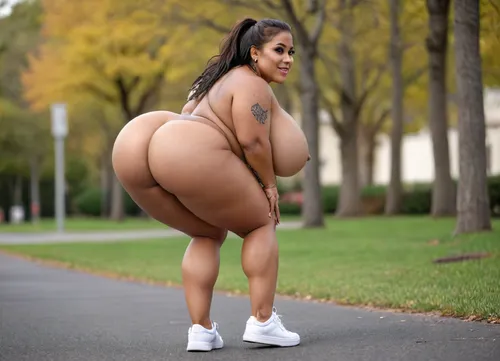 ((Latina)), very black skin, tattooed bimbo, perfect soft brown skin, very curvy body, midget, very small, extremely short, massively chubby, super plump lips, indigenous tribal african face, wearing only sneakers, naked, full body view, bending over facing away, jack o pose, in public. stunningly beautiful woman, curvy woman, voluptuous and mature goddess, view from side, smile face, oiled body, wet body, <lora:uberfit_lora_sdxl:1.2>, <lora:253562_training_data:1.5>, <lora:GiganticBreastsXLv1:1.2>, <lora:ThePitXL:1.5>, <lora:AtomictitsXL:1>