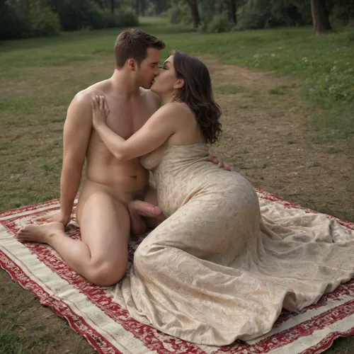 Picnic cfnm scene, naked man with hard cock, (man naked:1.5), man young, man tanned, man slim and tall, (woman in long elegant dress:1.5), woman old, woman obese, womand blond hair, cuddling on blanket, kissing, full body view, sunny day