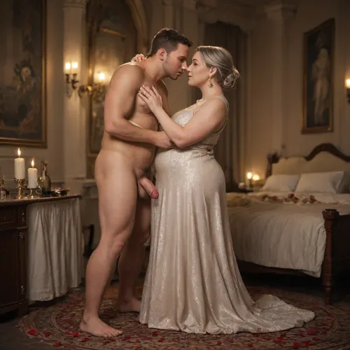 ((Modern bedroom)), naked man with flaccid cock, (man naked:1.5), dim lighting, man young, man tanned, man slim and tall, (woman in long elegant dress:1.5), woman old, (woman obese), womand gray hair, kissing, full body view, candles, petals, happy