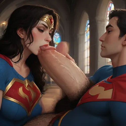 Cartoon, masterpiece, best quality, high resolution, hires, score_9, score_8_up, score_7_up, score_6_up, (Wonder Woman:1.4), leather one piece, metal vembraces, metal boots, long brown flowing hair, athletic amazon body, big perky breasts, gumdrop nipples, thick thighs, wide hips, big heart shaped ass, hairy pussy, big hairy bush, (man in a superman outfit out of frame), gigantic thick penis, face fucking, (superman is face fucking wonder woman), superman, close up, side view, in a big church, big window in background, sunlight through window, detailed background, ratatatat74, incase style, anime fantasy, <lora:287175_training_data:1.4>, <lora:ratatatat74-000050:1.4>