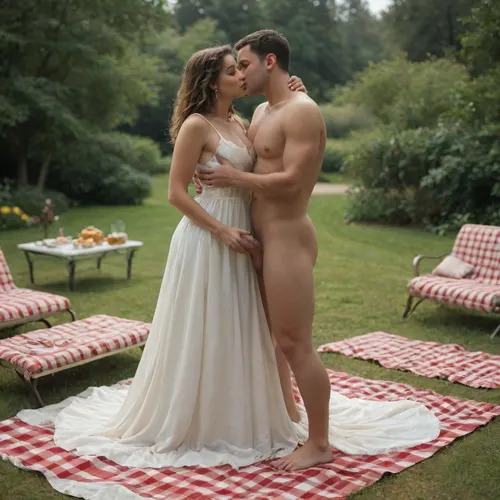 Picnic cfnm scene, naked man with erected cock, fully clothed woman in long dress, kissing, full body view, sunny day