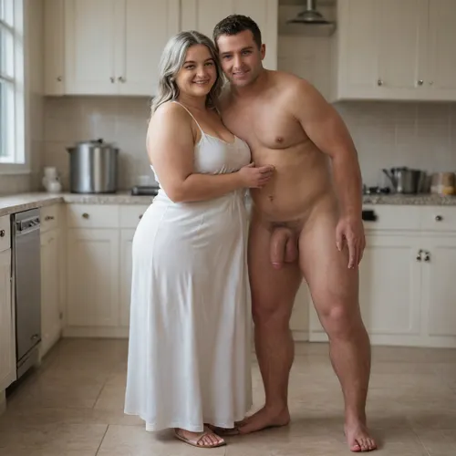 kitchen cfnm scene, naked man, flaccid cock, short chubby woman, woman 70 years old, woman obese, woman smiling, woman wearing colorfull sundress, woman gray hair, (man is very tall:1.3), man is slim and muscular, man fully naked, hugging, full body view