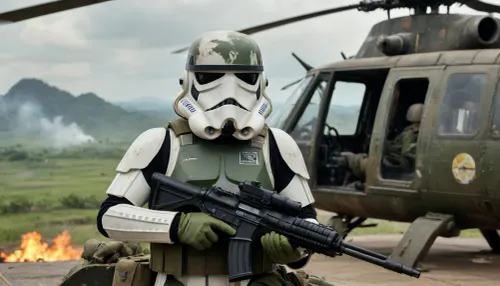flying on board helicopter, Stormtrooper from Star Wars in Stormtrooper face mask and detailed green and dirt combat armor, Holding a heavy blaster, sitting in the cargo hold of a Huey helicopter with the door open, Vietnam War, Vietnam landscape in the background, explosions, combat, green camouflage in the style of Vietnam, green armor camouflage in the style of Vietnam, the phrase "born to kill" on the helmet
