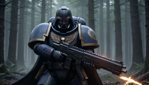 Darth Vader in a space marine's power armor on the battlefield, fighting against Wookiee in the Star Wars forest, Knight, black armor, black hood, holding, bolter, power, primaris, helmet, <lora:primaris_marine-knight_armor-000007:.8>