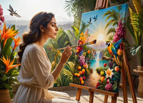 Illustration of a dynamic scene, super realistic, ((double exposure)), ((picture in picture)), featuring an Iranian woman-artist kneeling in front of a large wooden easel on canvas depicting the Garden of Eden, on the canvas are fragrant flowers of paradise, birds of paradise fluttering, bright colorful fruit trees, (double exposure), the artist is holding a brush, sitting in front of the Garden of Eden already painted on the canvas, turning towards the viewer, bright soft daylight, sharp detail, 8K quality