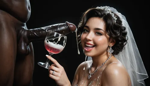 interracial, very large black penis, The happy chubby Persian bride in sexy wedding dress, cum driping bride's chain' cum driping from black penis, drinking sperm from transparent cup, there is glossy and sticky sperm in cup, cup full of sperm, cum swallowing, ((gokkun)), cum dripping from the corners of her lips, ((text on The cup, "BBC Cum")), logo, text, sign, that, says, the, word, <lora:671410_training_data:.8>, <lora:dark:.5>, <lora:texta:1>, <lora:677862_training_data:.8>
