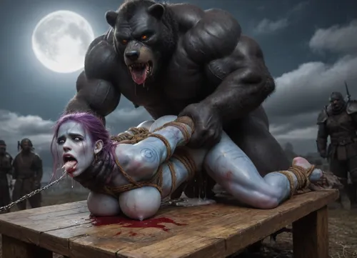 female drow elf barbarian, (dark night blue skin:1.82), tall, angry, busty, curvy, thin waist, big boobs, big butt, slim, athletic, fit, vitiligo, strong, fur pelt armor, dungeons and dragons, purplish blue skin, black and purple hair, Dark, Elf, Warrior, Drow, tattooed, scarred, purple eyes, uberfit, muscular, blue skin, amazon, giant, fur barbarian armor, bloody, blood spatter, bear, bear heart, (in a bloody filed after a battle, white full moon in the sky:1.4), (man is choking her from behind:1.4), ((hogtied, bound with large chains, tied to a torture table:1.3)), cock in mouth, (brutal face fuck), Blowjob, (tears in eyes:1.5), (running makeup), (cum drips from nose:1.3), (cum drips from mouth:1.3), ultra hd, photorealistic, hyper gigantic large black cock in mouth, (((hyper gigantic large black cock in mouth:1.3))), oral cream pie, hair grab, sad, sad crying, tongue out, gasping for air, zavy-brbrn, gangbang, double anal penetration, anal spitroast, groupsex, deepthroat, (4 gigantic African black brute thug, huge trunklike arms, huge head, hyper muscular body, dressed in slave clothes:1.2), ((hogtied, bound for sex, tied up)), (((hyper gigantic large white cock in mouth:1.3))), (pulled nipples:1.2), nipple clamps, (((spitroast))), (((hyper large cock in mouth:1.3))), screaming, shocked, deep anal penetration, Uber realistic, 8k, ultra detailed, masterpiece, arched back, detailxl, 35mm photograph, film, professional, 4k, 1girl, 5 boys, hdr, photographic, ultra realistic, ultra high details, back light, (front view), (dynamic pose), best quality, incredibly lean body, anal sex, with large muscular black men, gargantuan black cocks, anal sex expansion, large hyper muscular fat old men, (double anal sex), swollen white veiny cocks, (double anal penetration), hardcore double penetration, proper physics, big white cocks, muscular white double anal gangbang, (forceful penetrations), extremely graphic, shocked expression, beautiful hands, massive cum in ass defeating a woman in combat, fighting, killing, blood, winning fight, magazine cover, Realism_Quality_2xx_By_Stable_Yogi, score_9, score_8_up, score_7_up, (((very pretty face:1.3))), (((extremely ultra detailed face:1.3))), perfect fingers and hands, upper body view, (extreme size difference:1.6), (ultra realistic), (maximum quality), (high resolution), (extreme detail), (ultra realism), UHD, super high quality, highly detailed, high resolution, perfect lighting, natural lighting, (dynamic angle), (random angle), (random pose), (dynamic view), (random view), volumetric lighting, golden hour lighting, dramatic shadows, rich details, nature-inspired color palette, <lora:Dark_Elf_Warrior:1.3>, <lora:Drow:1.3>, <lora:339100_training_data:1.3>, <lora:uberfit_lora_sdxl:1.3>, <lora:zavy-brbrn-sdxl:1.3>