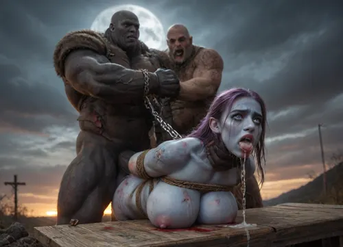 female drow elf barbarian, (dark night blue skin:1.82), tall, angry, busty, curvy, thin waist, big boobs, big butt, slim, athletic, fit, vitiligo, strong, fur pelt armor, dungeons and dragons, purplish blue skin, black and purple hair, Dark, Elf, Warrior, Drow, tattooed, scarred, purple eyes, uberfit, muscular, blue skin, amazon, giant, fur barbarian armor, bloody, blood spatter, bear, bear heart, (in a bloody filed after a battle, white full moon in the sky:1.4), (man is choking her from behind:1.4), ((hogtied, bound with large chains, tied to a torture table:1.3)), cock in mouth, (brutal face fuck), Blowjob, (tears in eyes:1.5), (running makeup), (cum drips from nose:1.3), (cum drips from mouth:1.3), ultra hd, photorealistic, hyper gigantic large black cock in mouth, (((hyper gigantic large black cock in mouth:1.3))), oral cream pie, hair grab, sad, sad crying, tongue out, gasping for air, zavy-brbrn, gangbang, double anal penetration, anal spitroast, groupsex, deepthroat, (4 gigantic African black brute thug, huge trunklike arms, huge head, hyper muscular body, dressed in slave clothes:1.2), ((hogtied, bound for sex, tied up)), (((hyper gigantic large white cock in mouth:1.3))), (pulled nipples:1.2), nipple clamps, (((spitroast))), (((hyper large cock in mouth:1.3))), screaming, shocked, deep anal penetration, Uber realistic, 8k, ultra detailed, masterpiece, arched back, detailxl, 35mm photograph, film, professional, 4k, 1girl, 5 boys, hdr, photographic, ultra realistic, ultra high details, back light, (front view), (dynamic pose), best quality, incredibly lean body, anal sex, with large muscular black men, gargantuan black cocks, anal sex expansion, large hyper muscular fat old men, (double anal sex), swollen white veiny cocks, (double anal penetration), hardcore double penetration, proper physics, big white cocks, muscular white double anal gangbang, (forceful penetrations), extremely graphic, shocked expression, beautiful hands, massive cum in ass defeating a woman in combat, fighting, killing, blood, winning fight, magazine cover, Realism_Quality_2xx_By_Stable_Yogi, score_9, score_8_up, score_7_up, (((very pretty face:1.3))), (((extremely ultra detailed face:1.3))), perfect fingers and hands, upper body view, (extreme size difference:1.6), (ultra realistic), (maximum quality), (high resolution), (extreme detail), (ultra realism), UHD, super high quality, highly detailed, high resolution, perfect lighting, natural lighting, (dynamic angle), (random angle), (random pose), (dynamic view), (random view), volumetric lighting, golden hour lighting, dramatic shadows, rich details, nature-inspired color palette, <lora:Dark_Elf_Warrior:1.3>, <lora:Drow:1.3>, <lora:339100_training_data:1.3>, <lora:uberfit_lora_sdxl:1.3>, <lora:zavy-brbrn-sdxl:1.3>