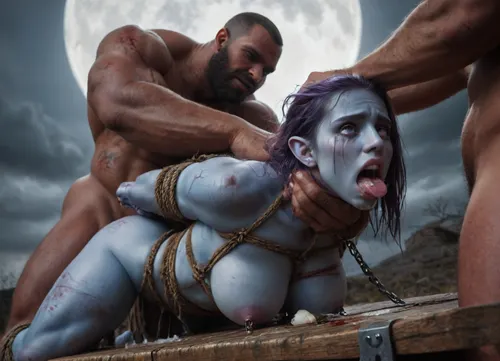 female drow elf barbarian, (dark night blue skin:1.82), tall, angry, busty, curvy, thin waist, big boobs, big butt, slim, athletic, fit, vitiligo, strong, fur pelt armor, dungeons and dragons, purplish blue skin, black and purple hair, Dark, Elf, Warrior, Drow, tattooed, scarred, purple eyes, uberfit, muscular, blue skin, amazon, giant, fur barbarian armor, bloody, blood spatter, bear, bear heart, (in a bloody filed after a battle, white full moon in the sky:1.4), (man is choking her from behind:1.4), ((hogtied, bound with large chains, tied to a torture table:1.3)), cock in mouth, (brutal face fuck), Blowjob, (tears in eyes:1.5), (running makeup), (cum drips from nose:1.3), (cum drips from mouth:1.3), ultra hd, photorealistic, hyper gigantic large black cock in mouth, (((hyper gigantic large black cock in mouth:1.3))), oral cream pie, hair grab, sad, sad crying, tongue out, gasping for air, zavy-brbrn, gangbang, double anal penetration, anal spitroast, groupsex, deepthroat, (4 gigantic African black brute thug, huge trunklike arms, huge head, hyper muscular body, dressed in slave clothes:1.2), ((hogtied, bound for sex, tied up)), (eyes wide open in horror:1.24), (wide mouth spreader:1.5), (pleading expression:1.18), (terrified:1.12), (crying:1.2), (fear and panic:1.18), (pulled nipples:1.2), nipple clamps, (((spitroast))), (((hyper large cock in mouth:1.3))), shocked, deep anal penetration, Uber realistic, 8k, ultra detailed, masterpiece, arched back, detailxl, 35mm photograph, film, professional, 4k, 1girl, 5 boys, hdr, photographic, ultra realistic, ultra high details, back light, best quality, with large muscular black men, gargantuan black cocks, anal sex expansion, large hyper muscular fat old men, (double anal sex), swollen white veiny cocks, (double anal penetration), hardcore double penetration, proper physics, big white cocks, muscular white double anal gangbang, (forceful penetrations), extremely graphic, shocked expression, beautiful hands, massive cum in ass, defeating a woman in combat, fighting, killing, blood, winning fight, magazine cover, Realism_Quality_2xx_By_Stable_Yogi, score_9, score_8_up, score_7_up, (((very pretty face:1.3))), (((extremely ultra detailed face:1.3))), perfect fingers and hands, upper body view, (extreme size difference:1.6), (ultra realistic), (maximum quality), (high resolution), (extreme detail), (ultra realism), UHD, super high quality, highly detailed, high resolution, perfect lighting, natural lighting, (dynamic pose), (dynamic angle), (random angle), (random pose), (dynamic view), (random view), volumetric lighting, golden hour lighting, dramatic shadows, rich details, nature-inspired color palette, <lora:Dark_Elf_Warrior:1.3>, <lora:Drow:1.3>, <lora:339100_training_data:1.3>, <lora:uberfit_lora_sdxl:1.3>, <lora:zavy-brbrn-sdxl:1.3>