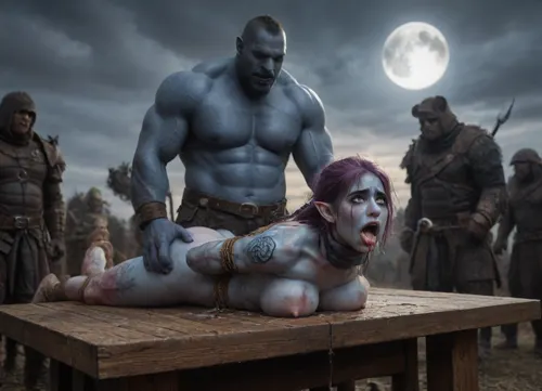 female drow elf barbarian, (dark night blue skin:1.82), tall, angry, busty, curvy, thin waist, big boobs, big butt, slim, athletic, fit, vitiligo, strong, fur pelt armor, dungeons and dragons, purplish blue skin, black and purple hair, Dark, Elf, Warrior, Drow, tattooed, scarred, purple eyes, uberfit, muscular, blue skin, amazon, giant, fur barbarian armor, bloody, blood spatter, bear, bear heart, (in a bloody filed after a battle, white full moon in the sky:1.4), (man is choking her from behind:1.4), ((hogtied, bound with large chains, tied to a torture table:1.3)), cock in mouth, (brutal face fuck), Blowjob, (tears in eyes:1.5), (running makeup), (cum drips from nose:1.3), (cum drips from mouth:1.3), ultra hd, photorealistic, hyper gigantic large black cock in mouth, (((hyper gigantic large black cock in mouth:1.3))), oral cream pie, hair grab, sad, sad crying, tongue out, gasping for air, zavy-brbrn, gangbang, double anal penetration, anal spitroast, groupsex, deepthroat, (4 gigantic African black brute thug, huge trunklike arms, huge head, hyper muscular body, dressed in slave clothes:1.2), ((hogtied, bound for sex, tied up)), (eyes wide open in horror:1.24), (wide mouth spreader:1.5), (pleading expression:1.18), (terrified:1.12), (crying:1.2), (fear and panic:1.18), (pulled nipples:1.2), nipple clamps, (((spitroast))), (((hyper large cock in mouth:1.3))), shocked, deep anal penetration, Uber realistic, 8k, ultra detailed, masterpiece, arched back, detailxl, 35mm photograph, film, professional, 4k, 1girl, 5 boys, hdr, photographic, ultra realistic, ultra high details, back light, best quality, with large muscular black men, gargantuan black cocks, anal sex expansion, large hyper muscular fat old men, (double anal sex), swollen white veiny cocks, (double anal penetration), hardcore double penetration, proper physics, big white cocks, muscular white double anal gangbang, (forceful penetrations), extremely graphic, shocked expression, beautiful hands, massive cum in ass, defeating a woman in combat, fighting, killing, blood, winning fight, magazine cover, Realism_Quality_2xx_By_Stable_Yogi, score_9, score_8_up, score_7_up, (((very pretty face:1.3))), (((extremely ultra detailed face:1.3))), perfect fingers and hands, upper body view, (extreme size difference:1.6), (ultra realistic), (maximum quality), (high resolution), (extreme detail), (ultra realism), UHD, super high quality, highly detailed, high resolution, perfect lighting, natural lighting, (dynamic pose), (dynamic angle), (random angle), (random pose), (dynamic view), (random view), volumetric lighting, golden hour lighting, dramatic shadows, rich details, nature-inspired color palette, <lora:Dark_Elf_Warrior:1.3>, <lora:Drow:1.3>, <lora:339100_training_data:1.3>, <lora:uberfit_lora_sdxl:1.3>, <lora:zavy-brbrn-sdxl:1.3>