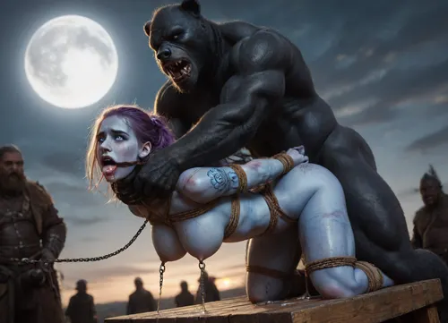 female drow elf barbarian, (dark night blue skin:1.82), tall, angry, busty, curvy, thin waist, big boobs, big butt, slim, athletic, fit, vitiligo, strong, fur pelt armor, dungeons and dragons, purplish blue skin, black and purple hair, Dark, Elf, Warrior, Drow, tattooed, scarred, purple eyes, uberfit, muscular, blue skin, amazon, giant, fur barbarian armor, bloody, blood spatter, bear, bear heart, (in a bloody filed after a battle, white full moon in the sky:1.4), (man is choking her from behind:1.4), ((hogtied, bound with large chains, tied to a torture table:1.3)), cock in mouth, (brutal face fuck), Blowjob, (tears in eyes:1.5), (running makeup), (cum drips from nose:1.3), (cum drips from mouth:1.3), ultra hd, photorealistic, hyper gigantic large black cock in mouth, (((hyper gigantic large black cock in mouth:1.3))), oral cream pie, hair grab, sad, sad crying, tongue out, gasping for air, zavy-brbrn, gangbang, double anal penetration, anal spitroast, groupsex, deepthroat, (4 gigantic African black brute thug, huge trunklike arms, huge head, hyper muscular body, dressed in slave clothes:1.2), ((hogtied, bound for sex, tied up)), (eyes wide open in horror:1.24), (wide mouth spreader:1.5), (pleading expression:1.18), (terrified:1.12), (crying:1.2), (fear and panic:1.18), (pulled nipples:1.2), nipple clamps, (((spitroast))), (((hyper large cock in mouth:1.3))), shocked, deep anal penetration, Uber realistic, 8k, ultra detailed, masterpiece, arched back, detailxl, 35mm photograph, film, professional, 4k, 1girl, 5 boys, hdr, photographic, ultra realistic, ultra high details, back light, best quality, with large muscular black men, gargantuan black cocks, anal sex expansion, large hyper muscular fat old men, (double anal sex), swollen white veiny cocks, (double anal penetration), hardcore double penetration, proper physics, big white cocks, muscular white double anal gangbang, (forceful penetrations), extremely graphic, shocked expression, beautiful hands, massive cum in ass, defeating a woman in combat, fighting, killing, blood, winning fight, magazine cover, Realism_Quality_2xx_By_Stable_Yogi, score_9, score_8_up, score_7_up, (((very pretty face:1.3))), (((extremely ultra detailed face:1.3))), perfect fingers and hands, upper body view, (extreme size difference:1.6), (ultra realistic), (maximum quality), (high resolution), (extreme detail), (ultra realism), UHD, super high quality, highly detailed, high resolution, perfect lighting, natural lighting, (dynamic pose), (dynamic angle), (random angle), (random pose), (dynamic view), (random view), volumetric lighting, golden hour lighting, dramatic shadows, rich details, nature-inspired color palette, <lora:Dark_Elf_Warrior:1.3>, <lora:Drow:1.3>, <lora:339100_training_data:1.3>, <lora:uberfit_lora_sdxl:1.3>, <lora:zavy-brbrn-sdxl:1.3>