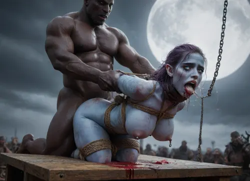 female drow elf barbarian, (dark night blue skin:1.82), tall, angry, busty, curvy, thin waist, big boobs, big butt, slim, athletic, fit, vitiligo, strong, fur pelt armor, dungeons and dragons, purplish blue skin, black and purple hair, Dark, Elf, Warrior, Drow, tattooed, scarred, purple eyes, uberfit, muscular, blue skin, amazon, giant, fur barbarian armor, bloody, blood spatter, bear, bear heart, (in a bloody filed after a battle, white full moon in the sky:1.4), (man is choking her from behind:1.4), ((hogtied, bound with large chains, tied to a torture table:1.3)), cock in mouth, (brutal face fuck), Blowjob, (tears in eyes:1.5), (running makeup), (cum drips from nose:1.3), (cum drips from mouth:1.3), ultra hd, photorealistic, hyper gigantic large black cock in mouth, (((hyper gigantic large black cock in mouth:1.3))), oral cream pie, hair grab, sad, sad crying, tongue out, gasping for air, zavy-brbrn, gangbang, double anal penetration, anal spitroast, groupsex, deepthroat, (4 gigantic African black brute thug, huge trunklike arms, huge head, hyper muscular body, dressed in slave clothes:1.2), ((hogtied, bound for sex, tied up)), (eyes wide open in horror:1.72), (wide mouth spreader:1.8), (pleading expression:1.56), (terrified:1.48), (crying:1.48), (fear and panic:1.56), (pulled nipples:1.2), nipple clamps, (((spitroast))), (((hyper large cock in mouth:1.3))), shocked, deep anal penetration, Uber realistic, 8k, ultra detailed, masterpiece, arched back, detailxl, 35mm photograph, film, professional, 4k, 1girl, 5 boys, hdr, photographic, ultra realistic, ultra high details, back light, best quality, with large muscular black men, gargantuan black cocks, anal sex expansion, large hyper muscular fat old men, (double anal sex), swollen white veiny cocks, (double anal penetration), hardcore double penetration, proper physics, big white cocks, muscular white double anal gangbang, (forceful penetrations), extremely graphic, shocked expression, beautiful hands, massive cum in ass, defeating a woman in combat, fighting, killing, blood, winning fight, magazine cover, Realism_Quality_2xx_By_Stable_Yogi, score_9, score_8_up, score_7_up, (((very pretty face:1.3))), (((extremely ultra detailed face:1.3))), perfect fingers and hands, upper body view, (extreme size difference:1.6), (ultra realistic), (maximum quality), (high resolution), (extreme detail), (ultra realism), UHD, super high quality, highly detailed, high resolution, perfect lighting, natural lighting, (dynamic pose), (dynamic angle), (random angle), (random pose), (dynamic view), (random view), volumetric lighting, golden hour lighting, dramatic shadows, rich details, nature-inspired color palette, <lora:Dark_Elf_Warrior:1.3>, <lora:Drow:1.3>, <lora:339100_training_data:1.3>, <lora:uberfit_lora_sdxl:1.3>, <lora:zavy-brbrn-sdxl:1.3>